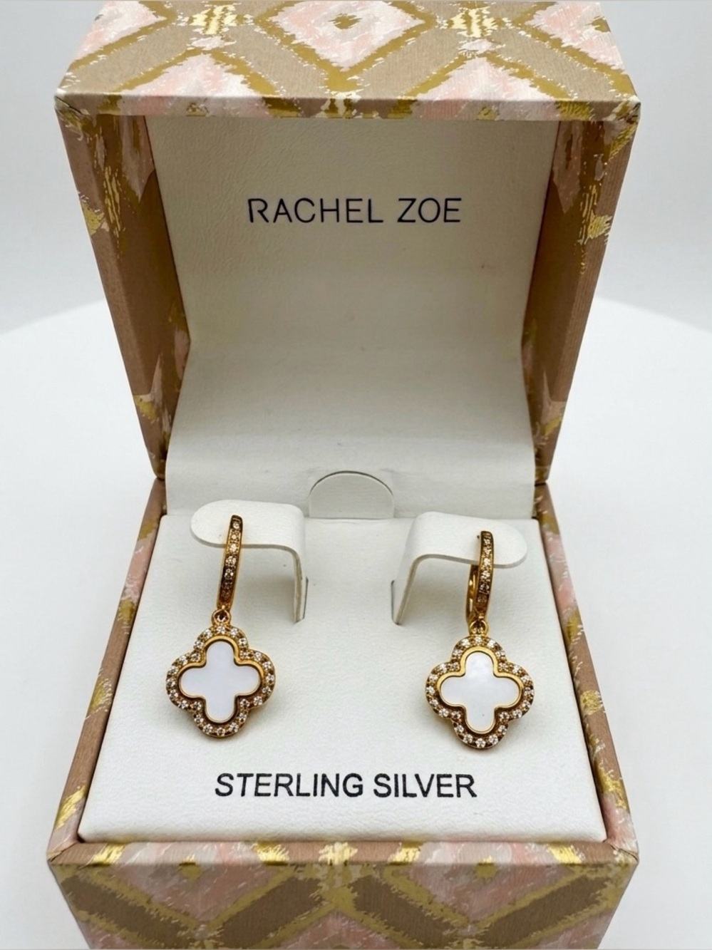 Rachel Zoe White Clover Earrings with CZ | Sterling Silver 18k Gold Plated - Picture 2 of 4